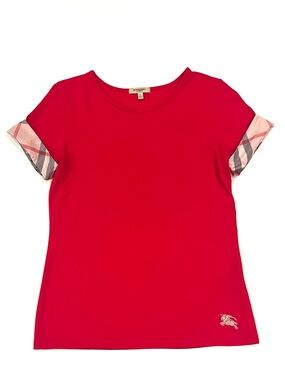 Burberry Red Short Sleeve Tee Shirt w Nova Check Trim Cuffs Womens Large EUC